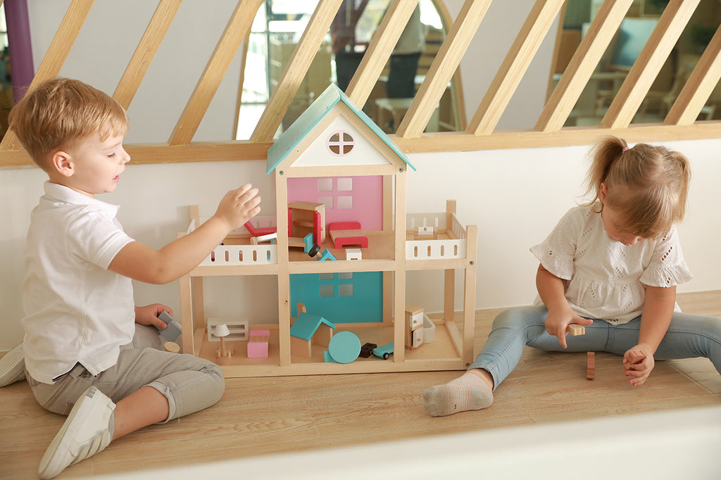 Viga Wooden Dollhouse + Bear Family & Furniture