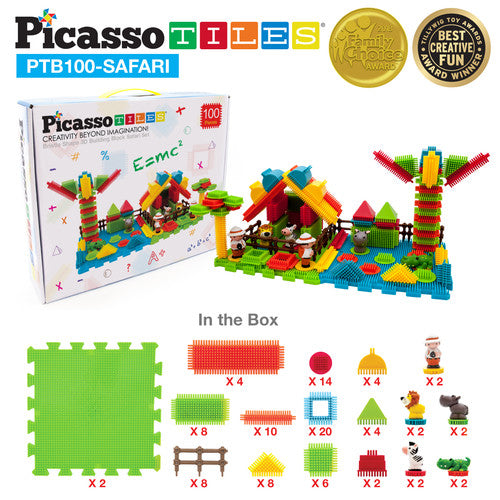 PicassoTiles Bristle 3D Shape Building Blocks Set Size: PTB100-SAFARI 100 Pieces Safari Set